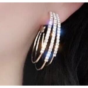 Stacked Hoop Earrings 2" Clear Crystal Silver 925 Pierced N16